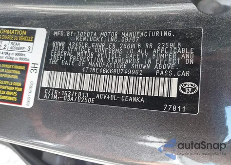 2008 Toyota Camry Le из США, поврежденный, VIN 4T1BE46K68U749962